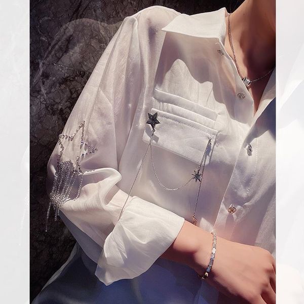 

women's blouses & shirts 2021 spring autumn long sleeve women shirt diamond star tassel chain turn down collar single-breasted casual, White