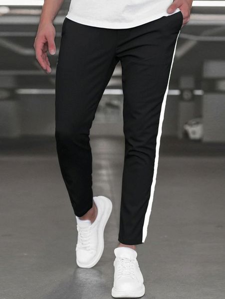 

men contrast side seam slant pocket pants v0ts#, Black