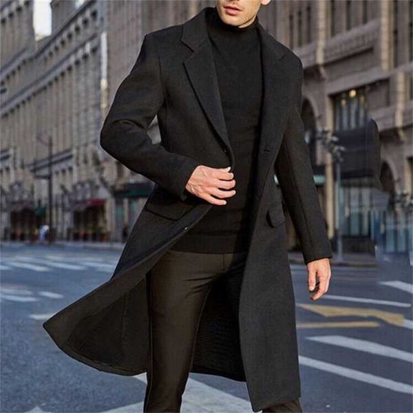 

spring autumn winter men coats woolen solid long sleeve jackets fleece men overcoats streetwear fashion long trench outerwear 211122, Black