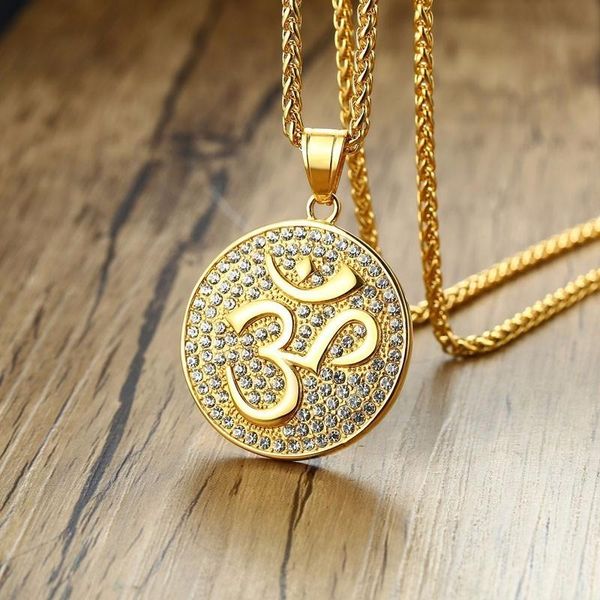 

pendant necklaces dropshiping men om necklace stainless steel amulet medallion with cz aum ohm symbol in golden men's jewelry 24 inch, Silver