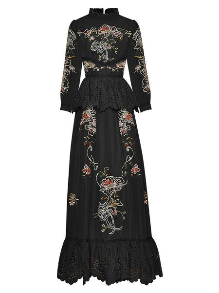 

black long dress 2021 spring summer evening party women exquisite embroidery ruffle deco sleeve vintage maxi vestidos casual dresses, Black;gray