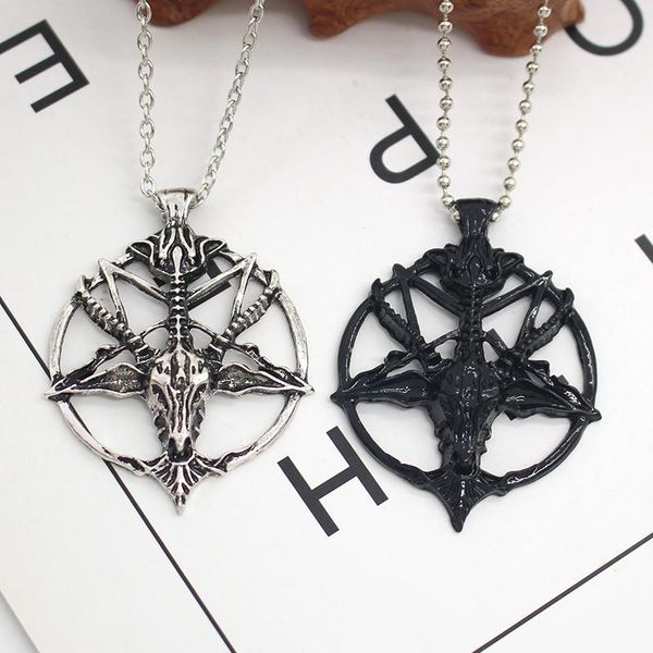 

pendant necklaces fashion round men's and women's retro inverted five-pointed star hollow skull demon satan god goat head alloy je, Silver