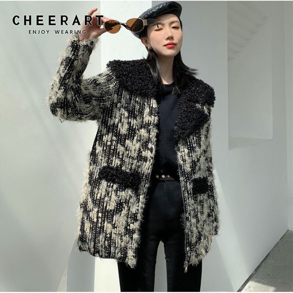 Designer Winter Mode Tweed Jacke Warme Pelzkragen Dicke Wollmantel Frauen Damen Koreanische Stil Oberbekleidung 210427