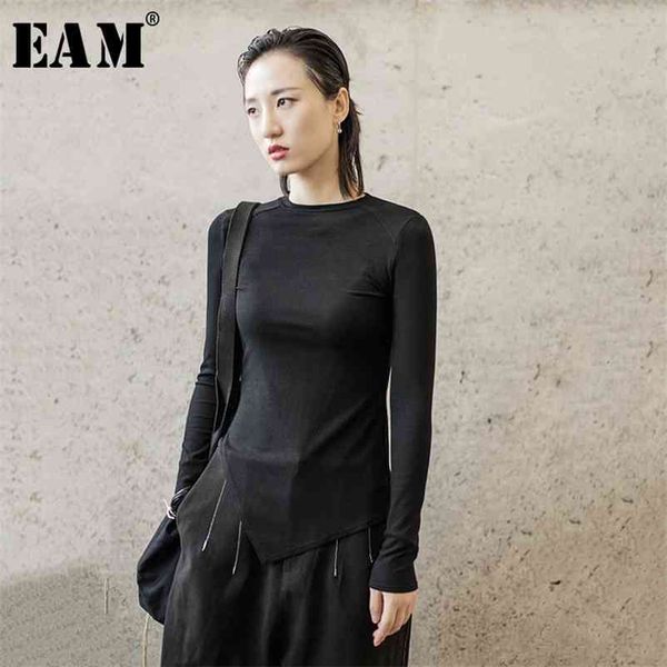 

[eam] women burr split joint asymmetrical temperament t-shirt new round neck long sleeve fashion tide spring autumn 1h312 210401, White