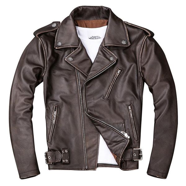 

men's leather & faux 2021 vintage brown men short motorcycle jacket plus size xxxxl genuine cowhide slim fit biker's coat, Black