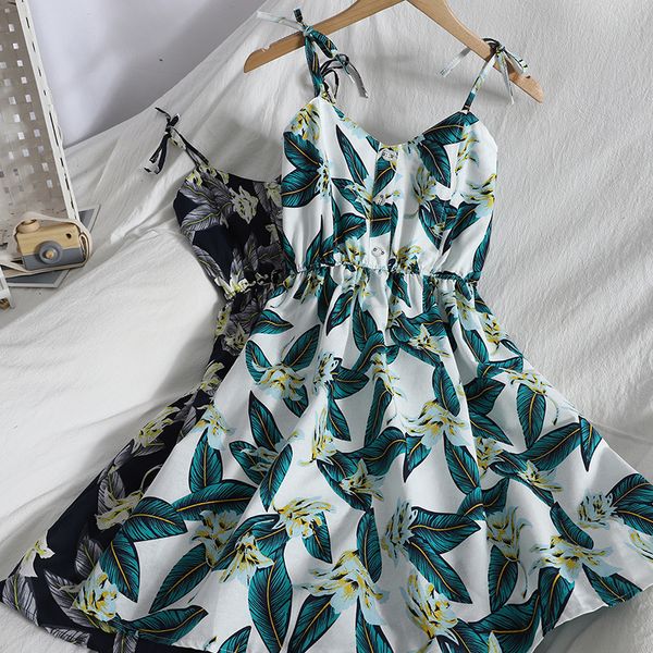 

summer dress holiday leaf prints slim breasted dresses for womens wild lace sling short beach dress female trend vestidos 210420, Black;gray