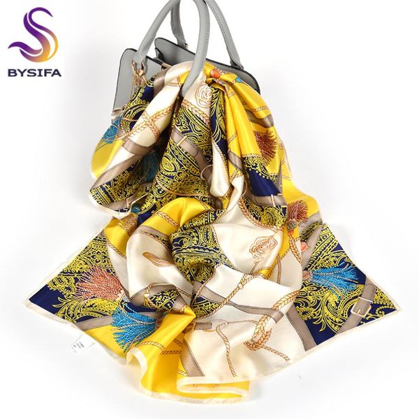 

scarves [bysifa] ladies 100% silk scarf shawl fall winter satin square wraps printed female brand floral chain yellow cape, Blue;gray
