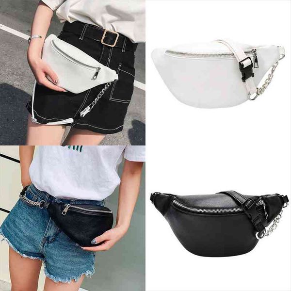 

womens casual pu waist bag chain fanny pack travel belt purse shoulder bags female crossbody bags black white