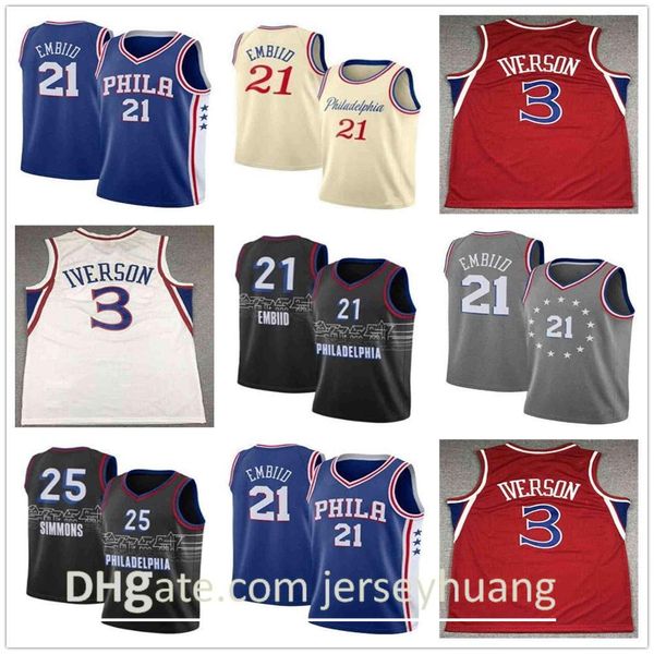 

2021 new joel 21 embiid mens ben 25 simmons allen 3 iverson julius 6 erving city basketball jersey, Black;red