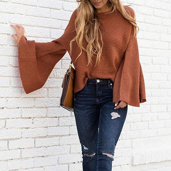 

women's sweaters female's flare sleeve knitted sweater solid o neck 2021 fall winter fashion pullover casual ladies loose knitwear, White;black