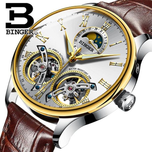 

double tourbillon design automatic watch moon phase mechanical watches men sport self winding calendar male clock wristwatches, Slivery;brown
