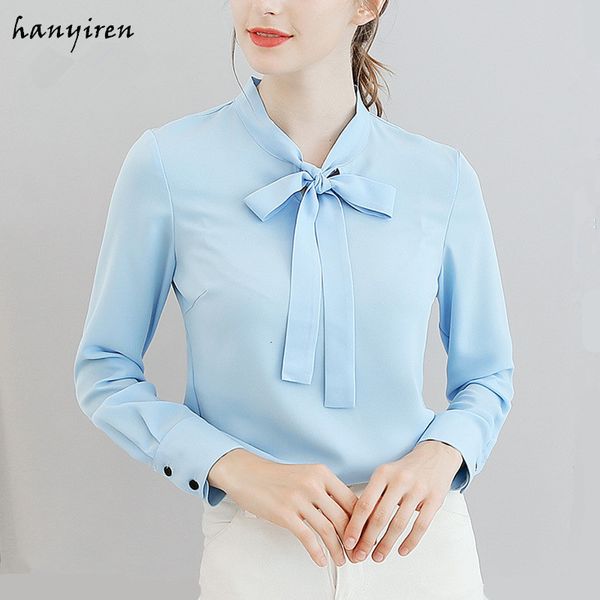 

women's blouses & shirts hanyiren chiffon long sleeve blouse with bow tie neck white blue pink solid elegant women summer office lady c