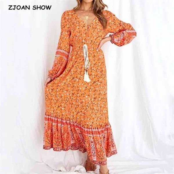 

bohemia buttons v neck floral print boho long sleeve dress woman bow strappy elastic waist midi holiday dresses 210429, Black;gray