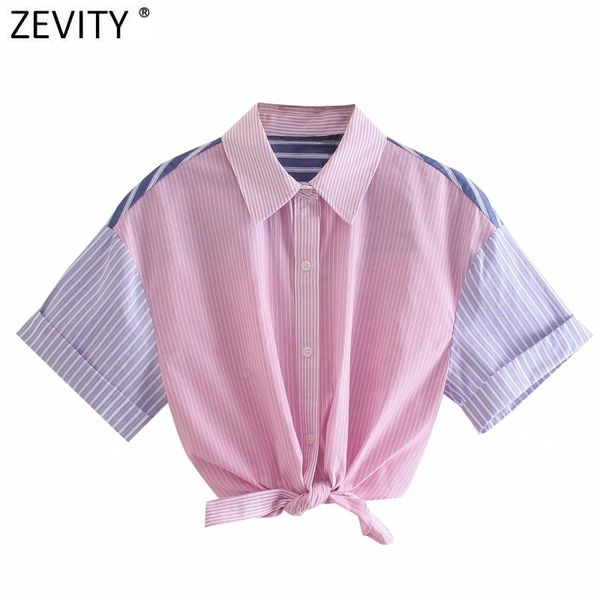 

zevity women sweet patchwork striped print pink short smock blouse female hem bowknot breasted shirt chic crop ls9210 210419, White