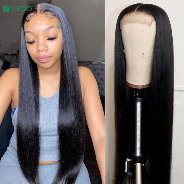 

virgo 4x4 closure wig lace straight front 150% remy 30 inch brazilian human hair wigs1, Black;brown