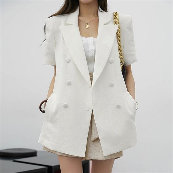Elegante giacca da lavoro in lino e cotone da donna, estiva, a maniche corte, con cintura, giacca da donna, abbigliamento moda 210519
