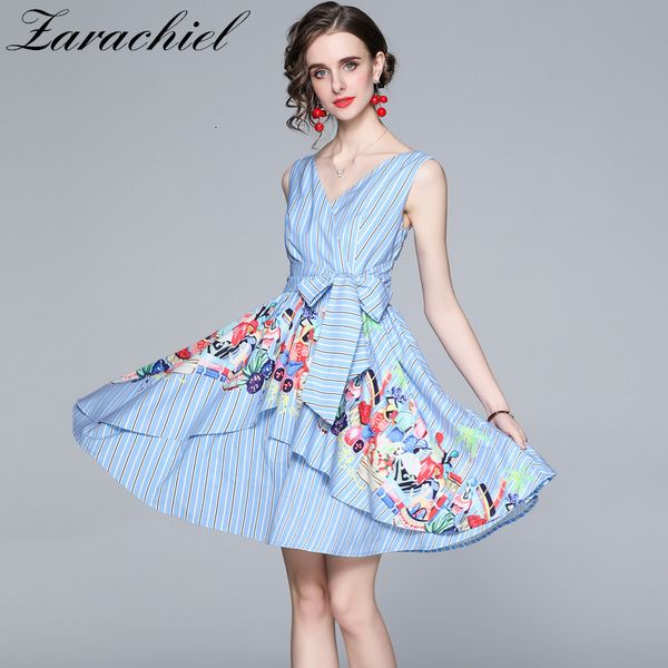 

dresses summer runway designer patchwork irregular ruffles bow ball gown women's sleeveles v-neck blue striped short, Black;gray