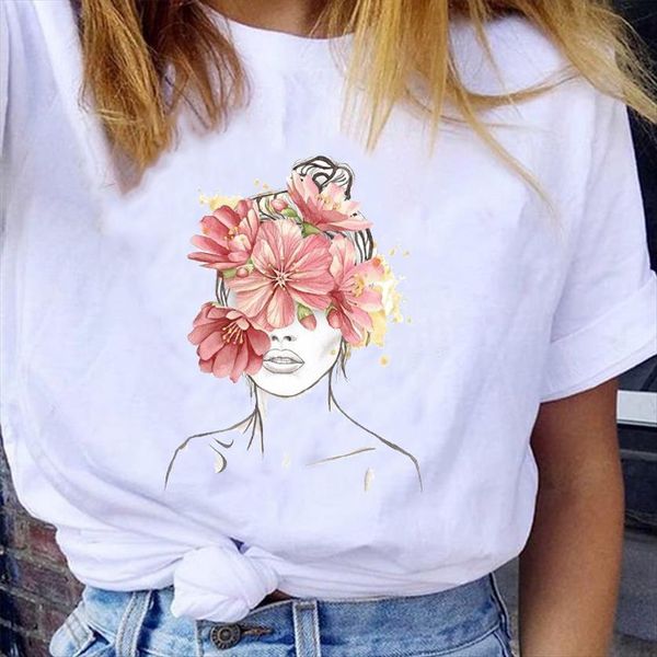 

graphic flower 90s floral elegant women kawaii face cute fashion girl lady print female clothes tees t shirt, White