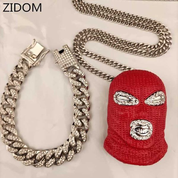 Homens Hip Hop Iced Out Bling Máscara Pingente e Pulseira Cubana para 1 Conjunto Masculino Vintage Hiphop Colar de Moda Jóias X0707