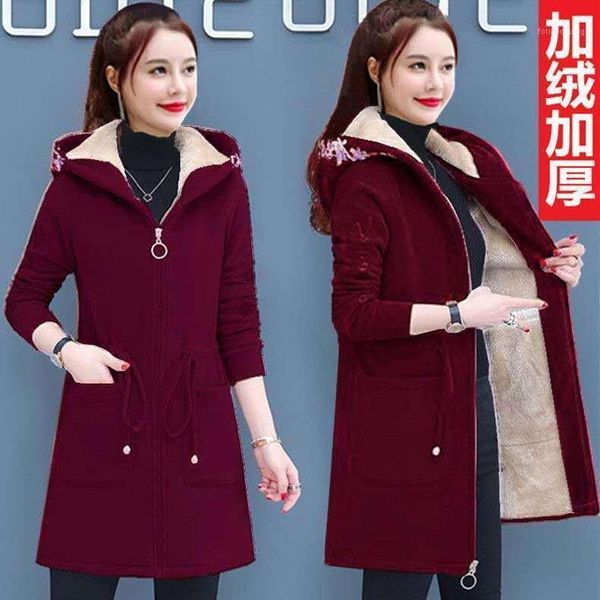 

women's jackets winter plush thickened sweater women 2021 korean waist hooded lamb wool medium length fashion coat, Black;brown
