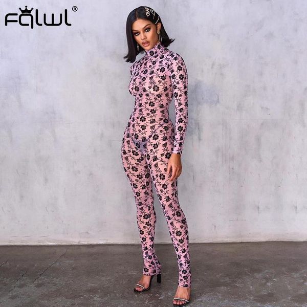 

women's jumpsuits & rompers fqlwl floral print long sleeve womens jumpsuit female transparent skinny bodycon mesh ladies women, Black;white