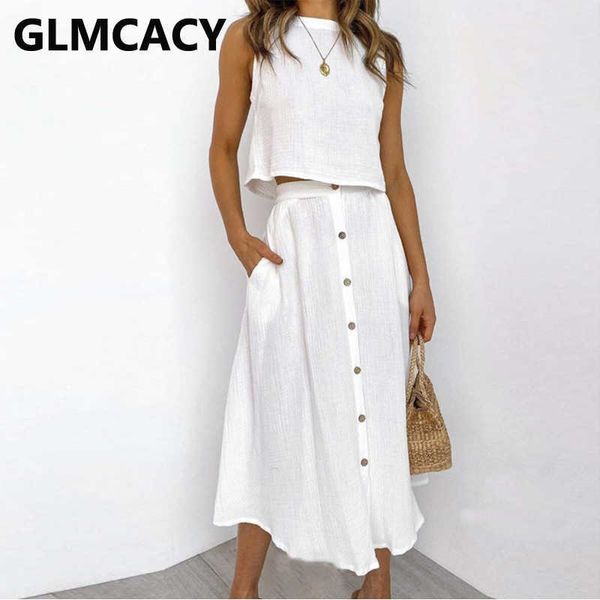 

two piece solid dress suits button detail skirt set 210702, White