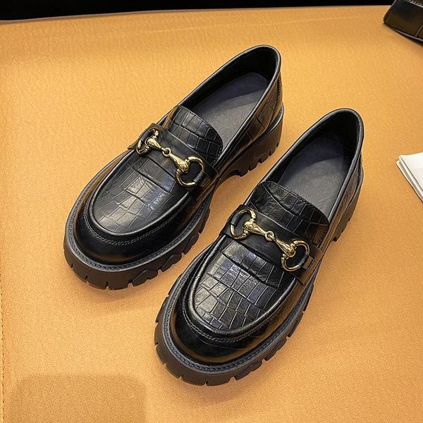 

dress shoes woman 2021 horse title buckle loafers leather platform english style small, Black