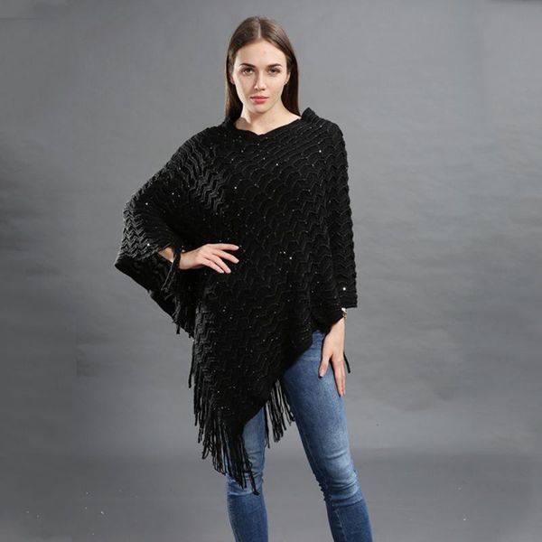 

scarves plus size knitted pullover women poncho batwing solid striped sequin scarf winter thick tassel sweater sleeve and capes, Blue;gray