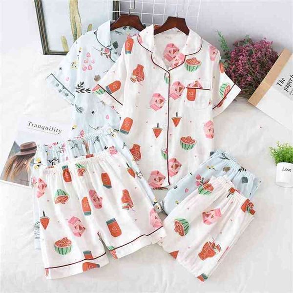 Pijama de estilo japonês de três peças Primavera e verão outono 100% algodão gaze de mangas curtas calções de mangas curtas terno HO 210809