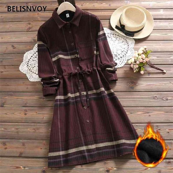 

mori girl winter thick warm women vintage dress turn-down collar plaid leisure string female vestidos long sleeve elegant tunic 210520, Black;gray