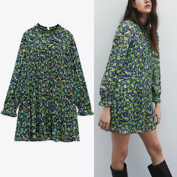 

dresses za vintage floral print short women high collar long sleeve party es metallic thread ruffle pleated vestido, Black;gray