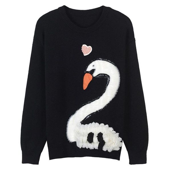 

women's sweaters women sweater slim fit heart and swan embroidery knitted pullovers animal long sleeve jumper autumn winter jersey, White;black