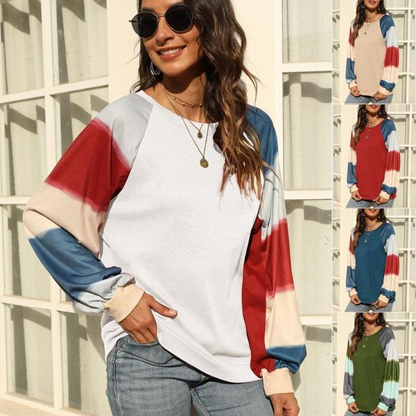 

women's t-shirt european and american autumn net red loose casual splicing pullover rainbow long sleeve top, White