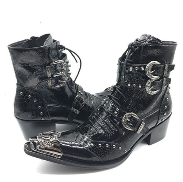 

boot punk-style genuine iron lace to cowboy boots tall men, Black