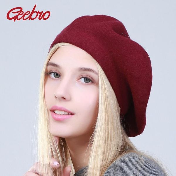 

berets geebro women's hat fashion solid color woold knitted with rhinestones ladies french artist beanie beret gs107, Blue;gray