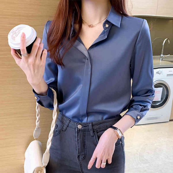 

women fashion long sleeves satin blouse spring vintage femme v neck street shirts elegant imitation silk 829h 210420, White