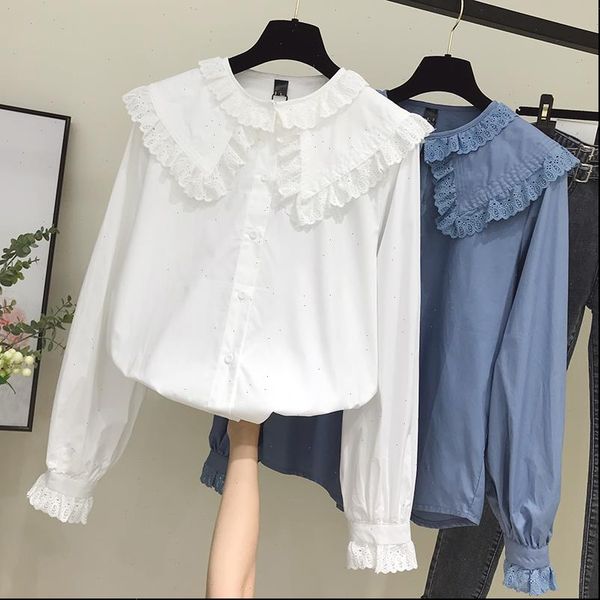 

white autumn spring long sleeve women blouses ruffle casual doll collar plus size colthing