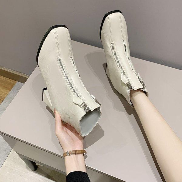 

boots black beige ankle women shoes thick heel winter front zipper short high heels botas para mujer