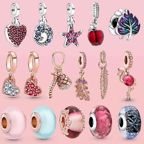 

925 sterling silver colgante apple pine cone flamingo with earrings charm bead fit original pandora bracelet necklace jewelry, Golden