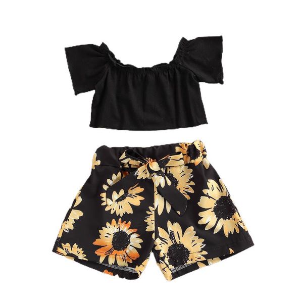 

kids baby girls fashion 2-piece outfit set off shoulder +sunflower print shorts for children clothing sets, White
