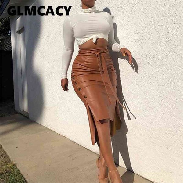 

women high waist bodycon belt pu skirts slit & club streetwear pencil leather skirt 210621, Black