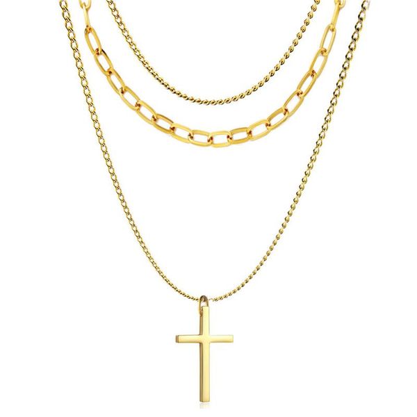 

pendant necklaces multilayers punk stainless steel chains necklace hip hop cross for women religious catholic jewelry, Silver