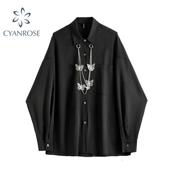 Frauen Schwarz Gothic Shirt Lose Herbst Casual Langarm Streetwear Vintage Japaneses Harajuku Mädchen Goths Bluse Tops 210417