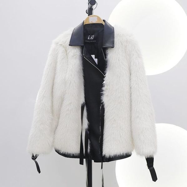 

women's fur & faux 2021 women's winter imitation coats female leather patchwork jackets ladies warm streetwear overcoat m602, Black