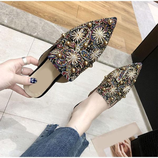 

slippers summer women pointed toe woman shoes fashion rhinestone bling slip on ladies printing flat footwear sandalia, Black