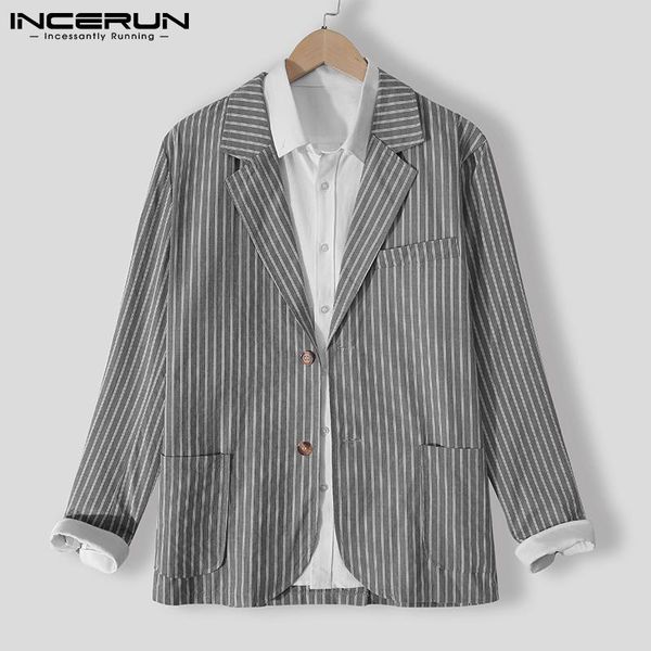 

men's suits & blazers incerun men striped blazer vintage turn down collar long sleeve pockets casual streetwear thin coats outerwear 20, White;black