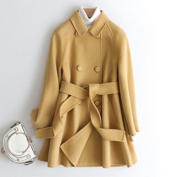 

women's wool & blends casual woman yellow black loose coats with belt 2021 fashion ladies autumn long sleeve thick warm coat female out
