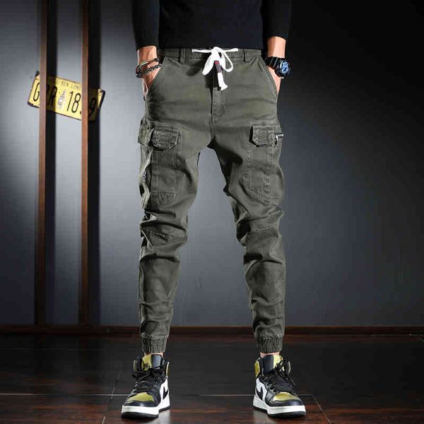 

jeans fashion streetwear men jeans multi pockets casual cargo pants hombre korean style hip hop joggers wide leg trousers, Blue