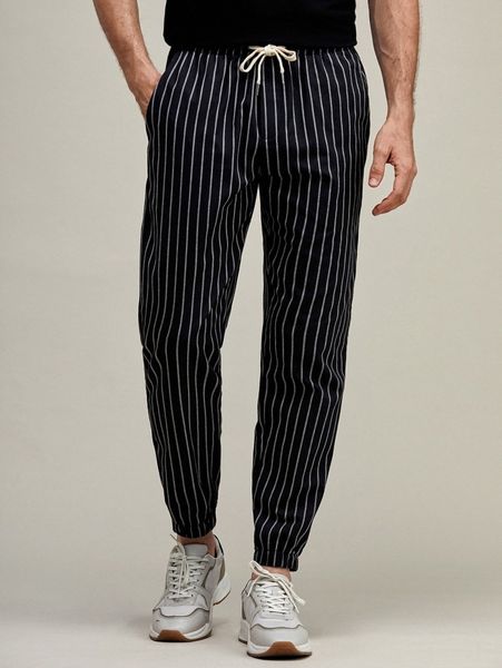 

men drawstring waist striped pants p288#, Black