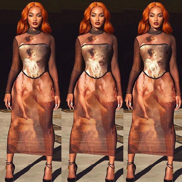 

hawthaw women fashion autumn winter long sleeve printed o neck bodycon slim pencil long dress 2021 fall clothes streetwear, Black;gray